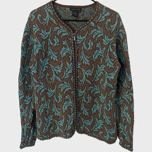 Nomadic Traders Floral Knitted Zip-Up Cardigan Sweater Brown Blue Women's Medium
